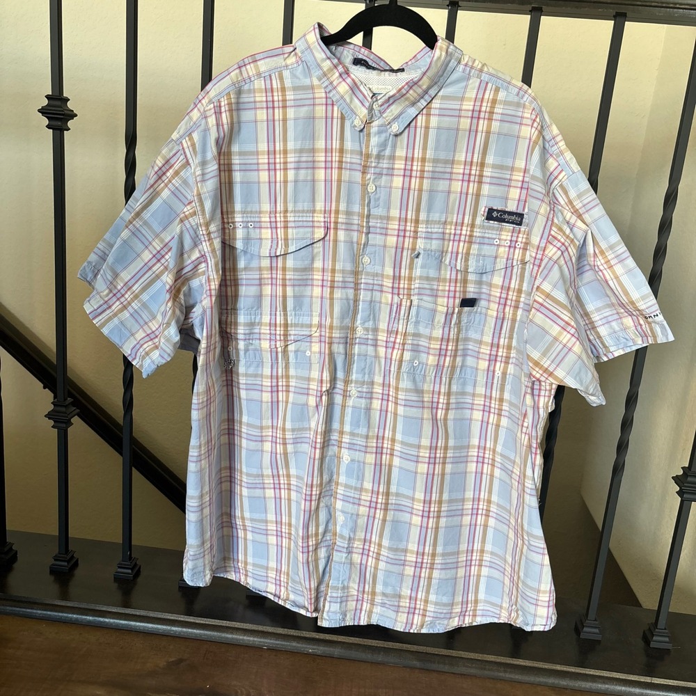 Columbia Size 3X PFG Super Bonehead Omni Shade Light Blue Plaid Fishing Shirt